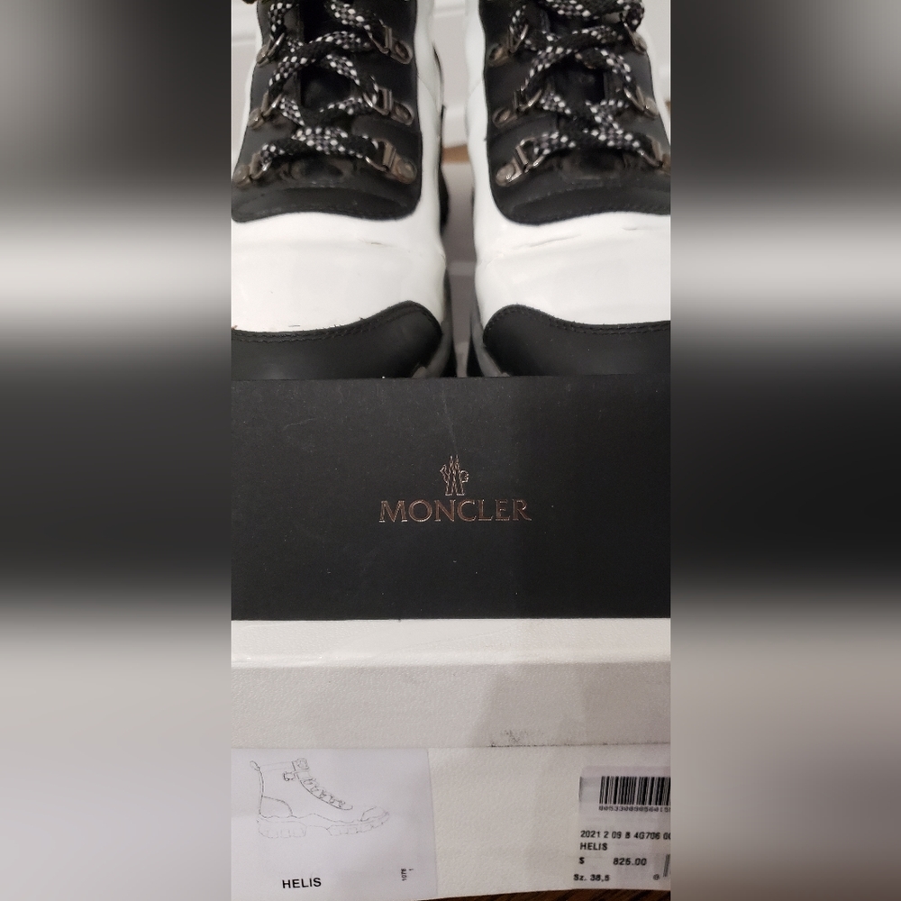 Moncler Helis White Black Leather Snow Hiking Boots Size 38.5 - Picture 2 of 15